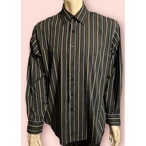 Van Heusen Studio Button Up Shirt Mens Sz L Blue Black Stripe Long Sleeve